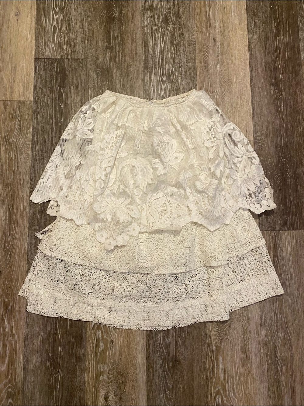 Cream Tiered Lace Midi Skirt with Floral Overlay